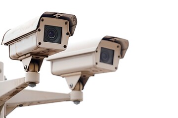 Poster - Two CCTV cameras isolated on a white background. Modern surveillance system technology concept. Electronic device for security and control. 