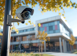 Poster - CCTV camera on pole with school building in the background. Modern surveillance system technology concept. Electronic device for security and control. Banner with copy space
