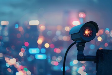 Poster - CCTV camera with blurred night city background. Modern surveillance system technology concept. Electronic device for security and control. Banner with copy space