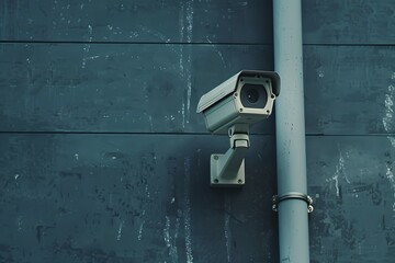 Poster - CCTV camera on building wall. Advanced surveillance system technology concept. Electronic device for security and control. Minimalistic composition with copy space