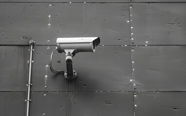 Poster - CCTV camera on gray wall. Advanced surveillance system technology concept. Electronic device for security and control. Minimalistic composition with copy space