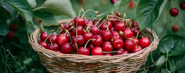 Wall Mural - Freshly picked cherries in a woven basket