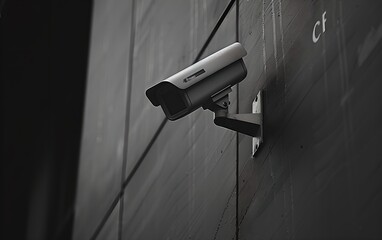 Poster - CCTV camera on dark gray wall. Advanced surveillance system technology concept. Electronic device for security and control. Minimalistic composition with copy space