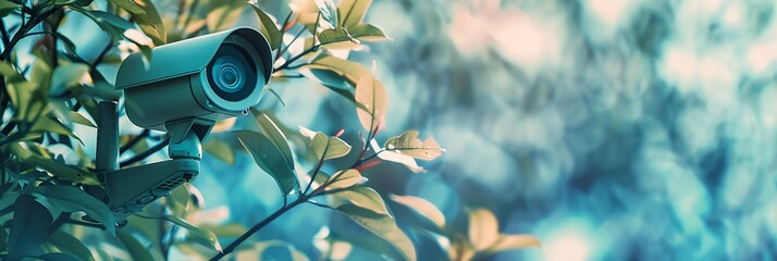 Poster - CCTV camera hidden among tree branches. Advanced surveillance system technology concept. Electronic device for security and control. Banner, header with copy space
