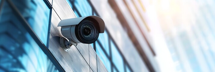 Poster - Modern CCTV camera mounted on modern building facade. Advanced surveillance system technology concept. Electronic device for security and control. Banner with copy space