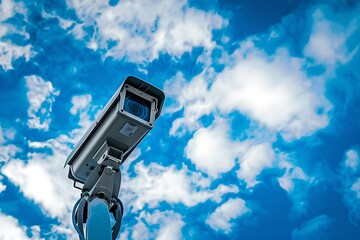 Poster - CCTV camera against blue sky with clouds. Surveillance system technology concept. Electronic device for security and control. Banner with copy space