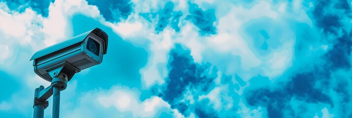 Poster - CCTV camera against blue sky with clouds. Surveillance system technology concept. Electronic device for security and control. Banner, header with copy space