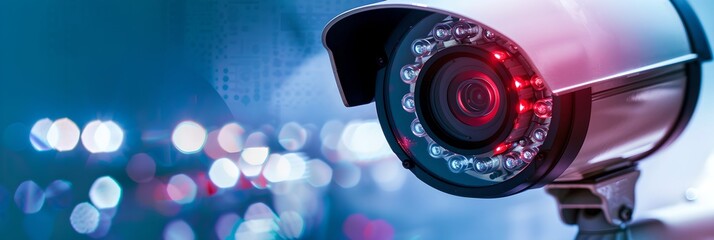 Poster - CCTV camera with  blurred city background. Surveillance system technology concept. Electronic device for security and control. Design for banner, header with copy space