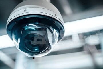 Poster - Close-up of dome surveillance camera in office. Surveillance system technology concept. Electronic device for security and control. Design for poster, banner