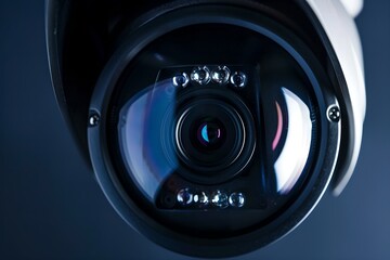 Poster - Close-up of surveillance camera lens. Surveillance system technology concept. Electronic device for security and control. Design for poster, banner