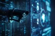 © dreamdes - CCTV camera against a digital interface backdrop. Surveillance and futuristic security system concept. Artificial intelligence and facial recognition technology