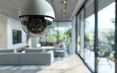 Poster - CCTV camera in a modern living room. Modern surveillance system technology concept. Electronic device for security and control. Banner with copy space