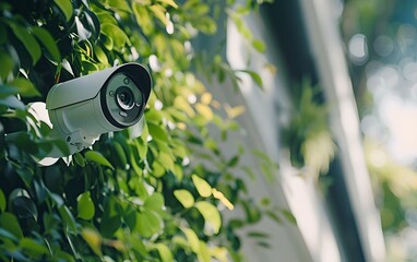Poster - CCTV camera mounted on wall covered with green leaves. Surveillance system technology concept. Electronic device for security and control. Banner with copy space