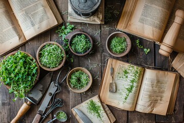 A rustic kitchen table is scattered with antique cookbooks and fresh microgreens, suggesting a focus on healthy, homemade recipes. Generative AI