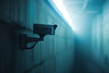 Poster - CCTV camera mounted on a concrete wall. Surveillance system technology concept. Electronic device for security and control. Design for poster, banner