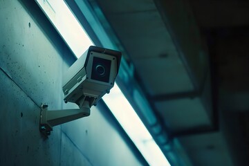 Poster - CCTV camera mounted on a concrete wall. Surveillance system technology concept. Electronic device for security and control. Design for poster, banner with copy space