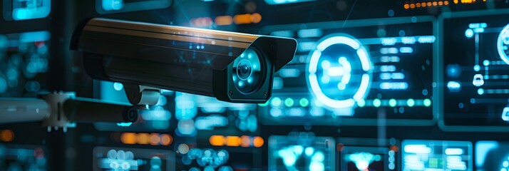 Poster - CCTV camera in a high-tech environment with digital displays. Surveillance system technology concept. Electronic device for security and control