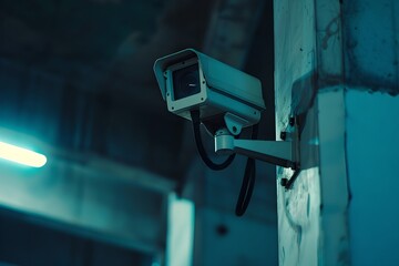 Poster - CCTV camera mounted on a concrete wall. Surveillance system technology concept. Electronic device for security and control. Design for poster, banner