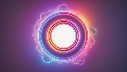 Wall Mural - three-dimensional neon ring circle frame on an illuminated cloud background: futuristic wallpaper wi