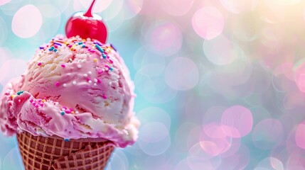 Poster - A close up of a ice cream cone with sprinkles and cherry, AI