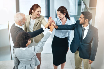 Aufkleber - Business people, teamwork and high five in office for celebration, success or support at law firm. Group or lawyer with hands together for good news with perseverance, winning and unity in legal case