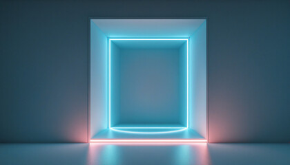 Wall Mural - futuristic three-dimensional abstract background with neon glow, showcasing a geometric doorway port
