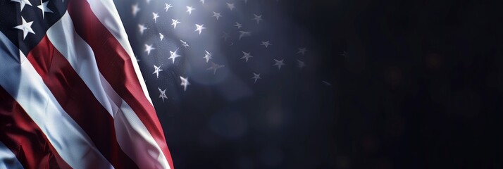 American flag waving in wind with blurred dark background, banner provides plenty of space for text