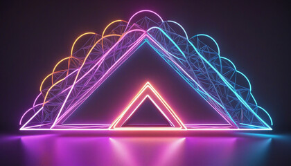 Wall Mural - 3d render of a neon triangular frame surrounded by an illuminated colorful cloud, creating a futuris