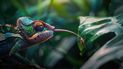 A green and orange chameleon is eating a bug. The bug is small and brown