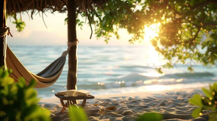 Wall Mural - A hammock on the beach with a book and umbrella, AI