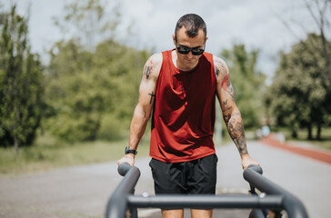 Sticker - An athletic man with tattoos intensely exercises on parallel bars in a sunny park, demonstrating dedication and strength.