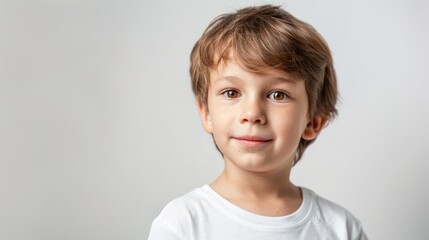 Little boy in white t shirt on white background for design closeup