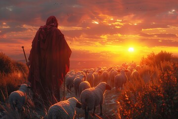 Canvas Print - Jesus Christ Leading Flock of Sheep at Sunrise - Bible Artistic Scene