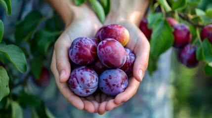 Wall Mural - Women's hands hold fresh and ripe plums against the background of the garden