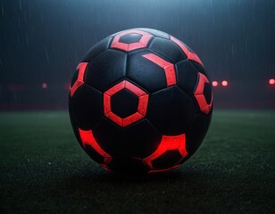 Wall Mural - Football soccer ball illuminated by red lanterns, atmospheric image for posters, print, advertising, background design, football championship 2024
