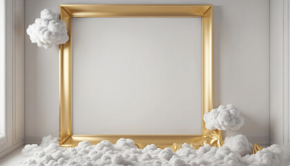 Wall Mural - A surreal three-dimensional illustration of a celestial cloudscape with a golden square frame, perfect for a minimalist geometric wallpaper