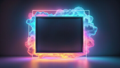Wall Mural - 3d neon geometric clouds and squares illuminate the dark room, creating a futuristic and minimalist 