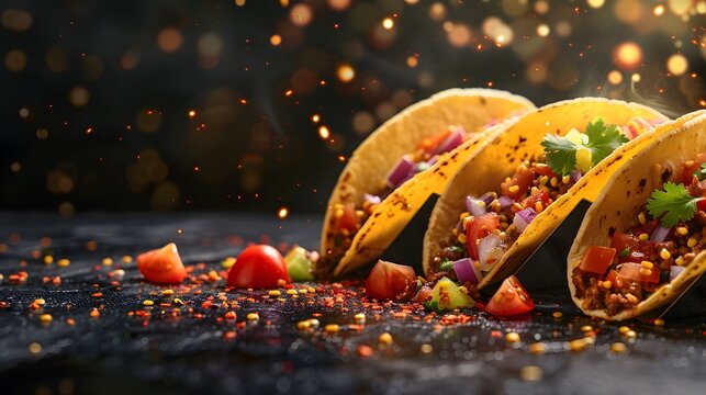 fresh hot taco with flying ingredients isolated on black background, hot ready to serve and eat banner with copy space empty area