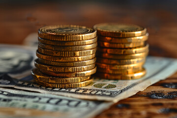 Poster - A stack of coins and dollar bills on a wooden table. Concept of cash savings and financial assets. Generative Ai.