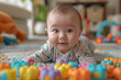 © Sebastian - A baby eagerly grasping at toys during tummy time. Concept of gross motor development and strength building. Generative Ai.