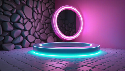 Wall Mural - three-dimensional neon ring on cobble stone rocks in a futuristic showcase scene for product display