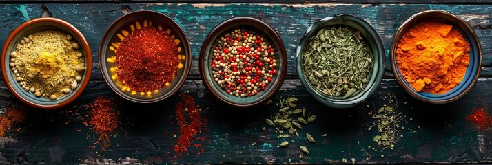 Poster - A top-down view of various colorful spices arranged in beautiful ceramic bowls on a rustic wooden table. Generative AI