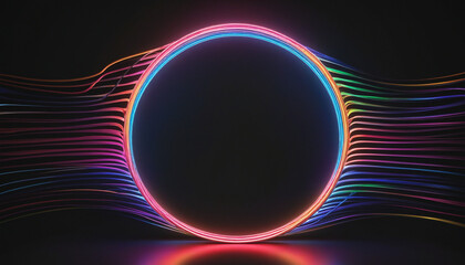 Wall Mural - 3d neon rainbow light show with vibrant colors and futuristic geometric shapes on a dark background