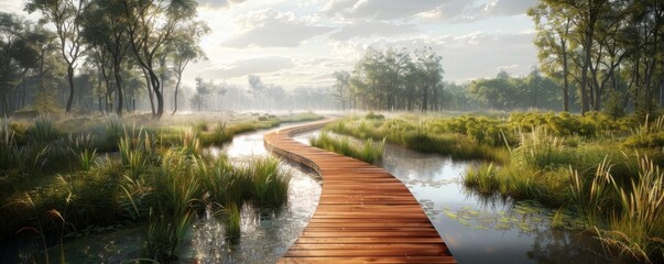 Wooden boardwalk through a marsh