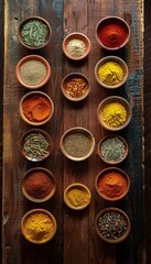 Fototapete - An overhead view of various colorful spices, including turmeric, paprika, cumin, and coriander, displayed in beautiful ceramic bowls on a rustic wooden table. Generative AI