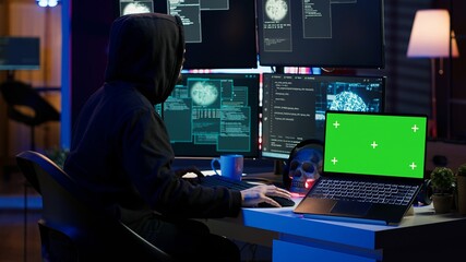 Poster - Hacker using isolated screen laptop and AI technology to deploy malware on unsecured devices. Scammer stealing sensitive data from unaware users using mockup notebook, camera A
