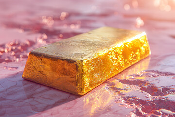 Poster - Gold bar on a crimson pastel background. Concept of investment and richness. Generative Ai.