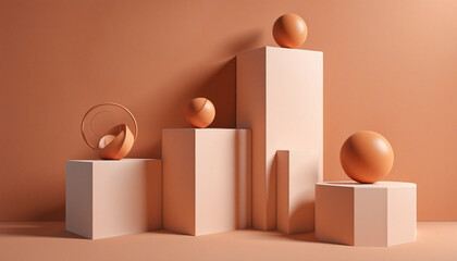 Minimalist geometric showcase featuring an abstract arrangement of empty podiums and assorted shapes set against a terracotta background, bathed in sunlight rays for a modern yet primitive aesthetic