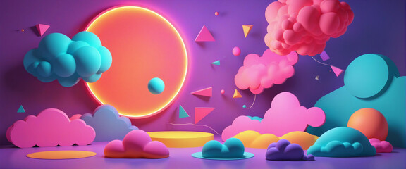 Wall Mural - 3D render of a vibrant neon collection of geometric shapes and colorful clouds, creating an abstract and futuristic fantasy design