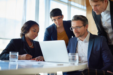 Poster - Employee, people and laptop in office on meeting for ideas on project with teamwork and collaboration. Business, discussion and boardroom with research as partners, lawyers and law firm on legal case